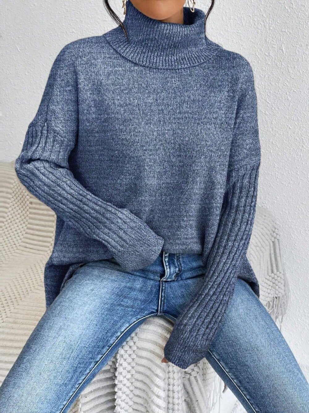 Blue Casual Women's Sleeve Turtleneck Asymmetrical Hem Drop Shoulder Sweater - Picture 6 of 6